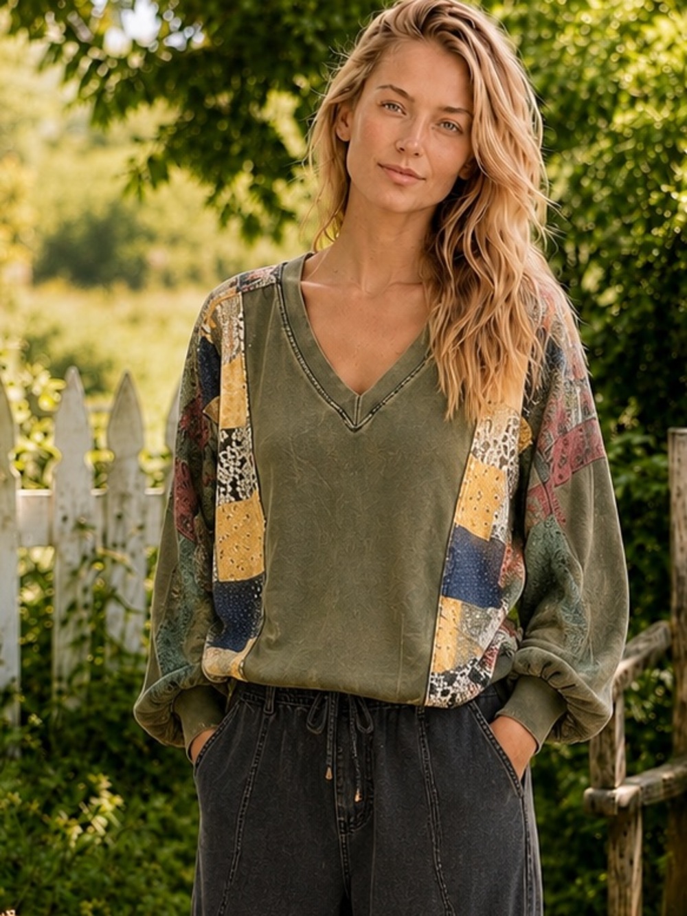 J. HER Patchwork Mineral Wash V-Neck Pullover Top Boho Large
